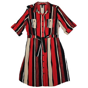 Millenium~Size XL~Red/Multicolor Striped Short Sleeve Button Dress Elastic Waist
